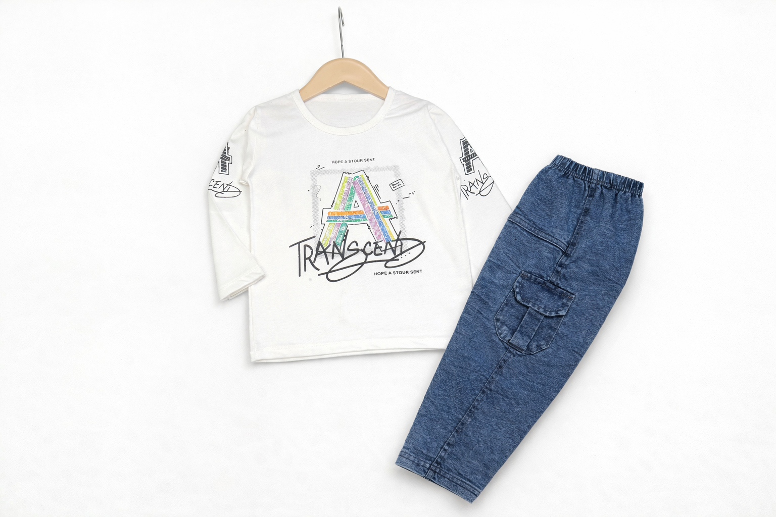 Alphabet A Baby Outfit White Shirt with Blue Jeans