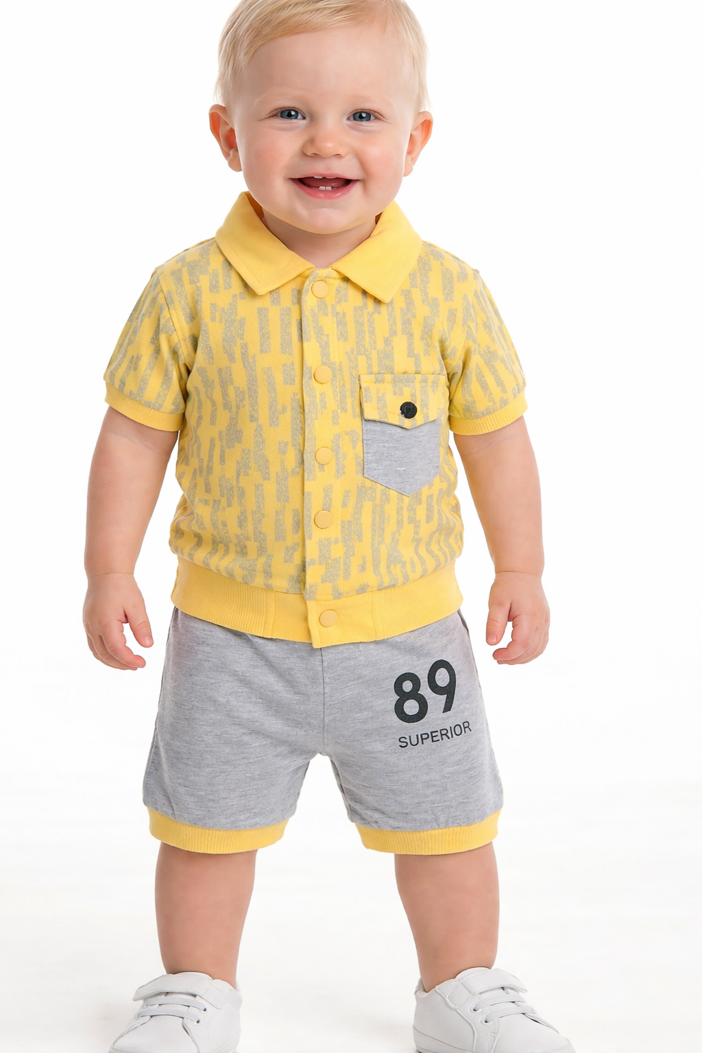 Cute Baby Outfit Yellow Shirt & Grey Shorts